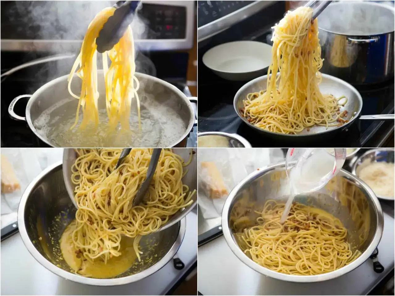 Spaghetti werden aus kochendem Wasser gehoben, in einer Pfanne mit Speck vermischt und dann mit einer cremigen Sauce übergossen. Ein authentisches italienisches Carbonara-Rezept.
