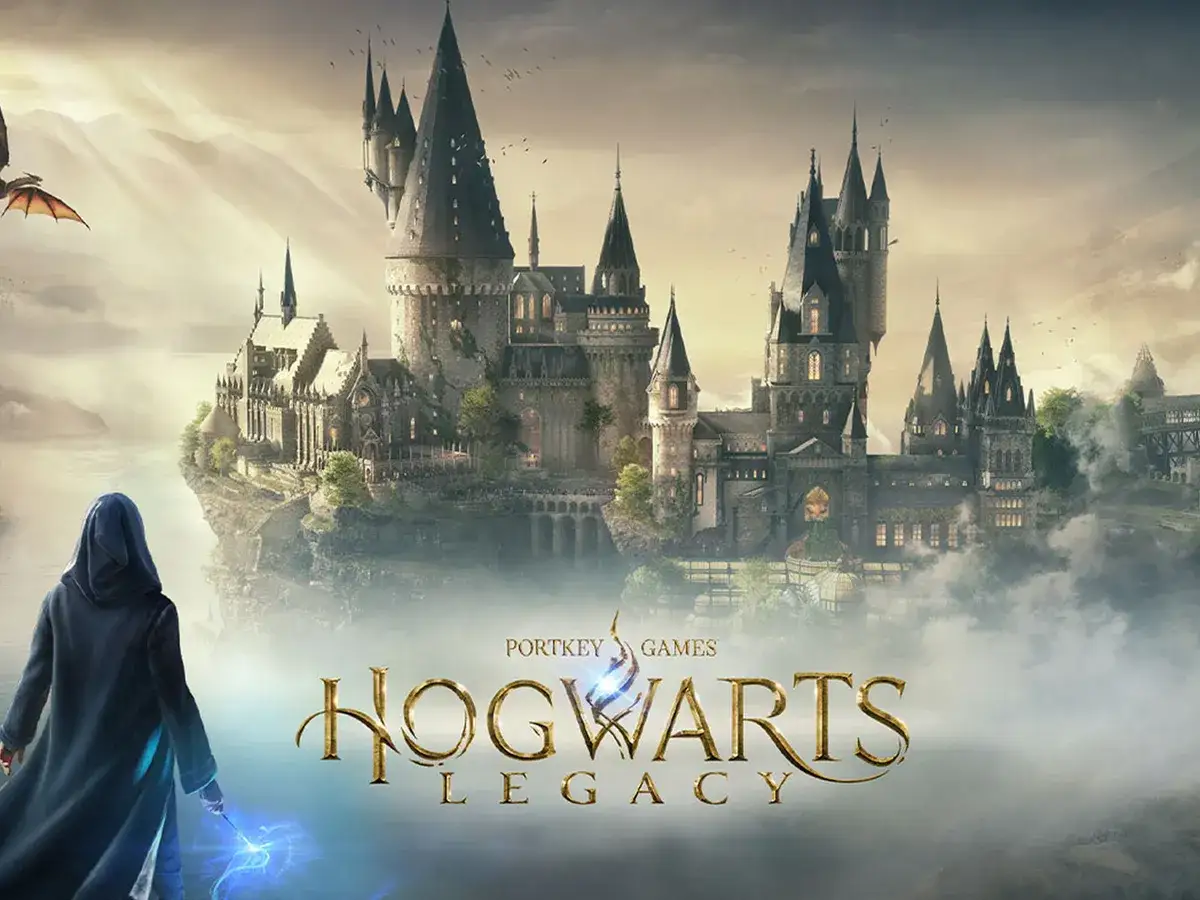 Magiczny zamek Hogwart w chmurach, postać z różdżką i smok. Zastanawiasz się, ile godzin zajmie przejście Hogwarts Legacy?