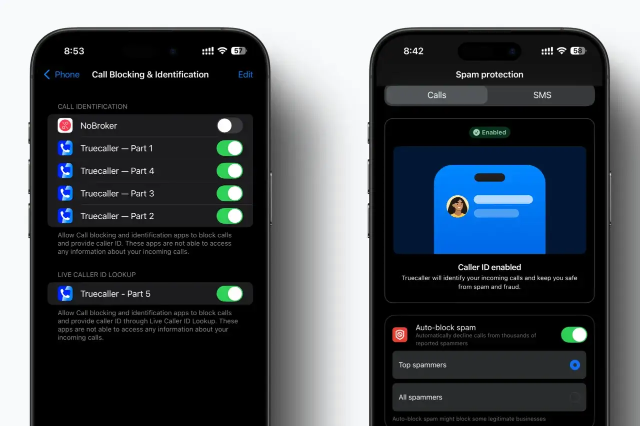 Protecci&oacute;n contra llamadas spam en dos pantallas de iPhone. Una muestra la configuraci&oacute;n de identificaci&oacute;n de llamadas con Truecaller, la otra la protecci&oacute;n contra spam habilitada.