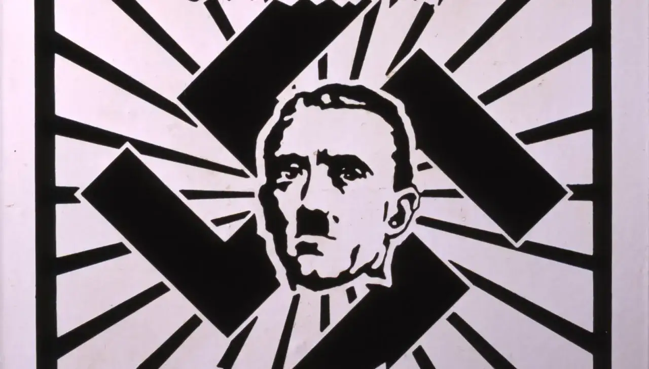 Karikatur von Hitler vor einem Hakenkreuz-Muster. Ein starkes Symbol gegen den Nationalsozialismus.