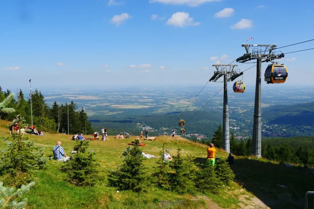 Widok z **Stogu Izerskiego** na malowniczą panoramę Kotliny Jeleniogórskiej. Kolejka gondolowa wwozi turystów do **Świeradów Zdrój**.