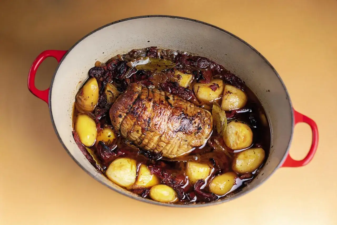 Un r&ocirc;ti de quasi de veau dor&eacute;, entour&eacute; de pommes de terre et d'oignons caram&eacute;lis&eacute;s dans une cocotte rouge.