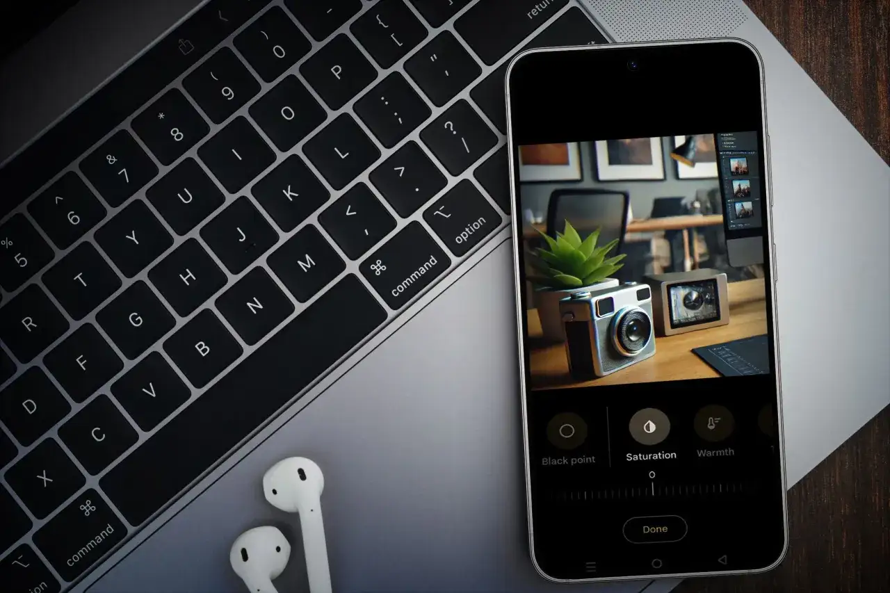 Smartfon z aplikacjami dla fotografów pokazuje edycję zdjęcia aparatu, leżący obok klawiatury laptopa i słuchawek.