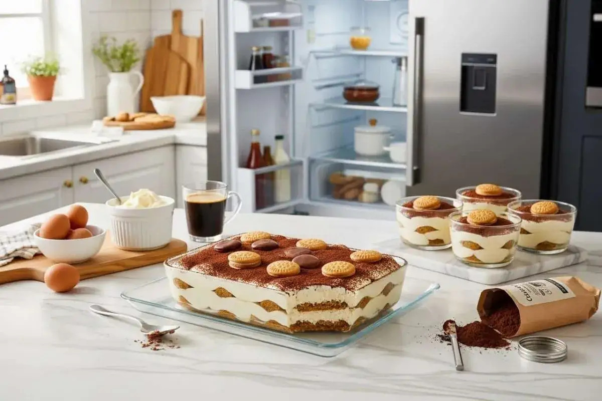 Un d&eacute;licieux tiramisu maison, pr&ecirc;t &agrave; &ecirc;tre d&eacute;gust&eacute;. La conservation au frais est essentielle pour ce dessert.