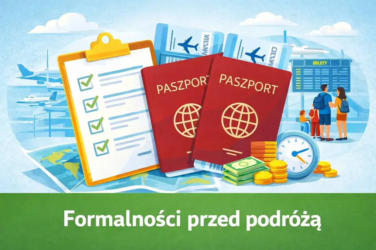 Paszporty, bilety lotnicze i lista kontrolna symbolizują ważność paszportu i przygotowania do podróży.