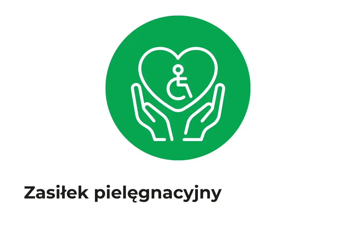 Dwie dłonie podtrzymują serce z symbolem osoby na wózku inwalidzkim. Symbolizuje to zasilek pielegnacyjny.