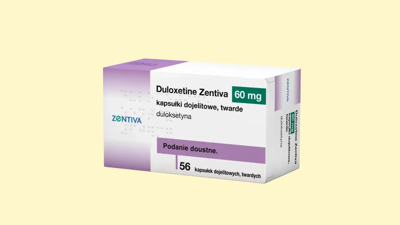 Opakowanie leku Duloxetine Zentiva 60 mg, zawierające 56 kapsułek dojelitowych.
