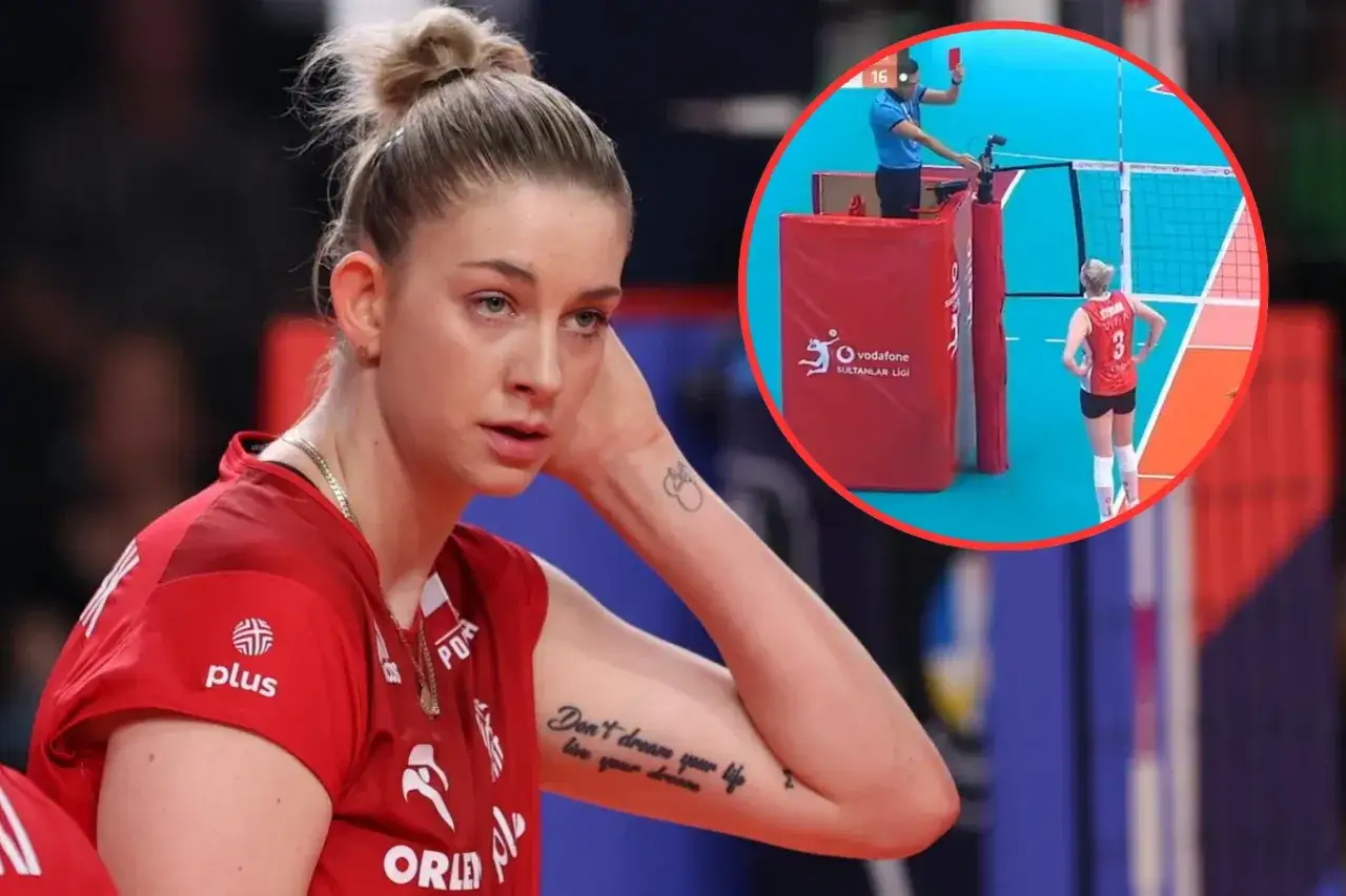 Siatkarka w czerwonej koszulce, obok niej sędzia pokazuje czerwoną kartkę.