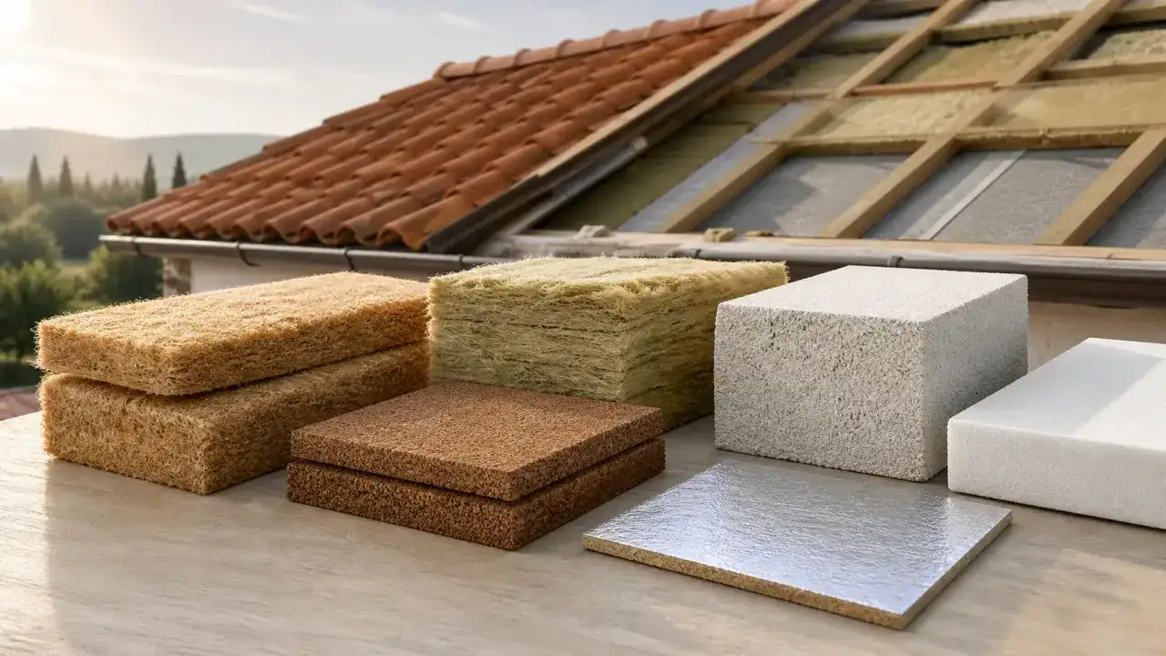 Varietà di materiali coibentanti, tra cui fibra di legno, lana di roccia e polistirene, pronti per isolare un tetto.