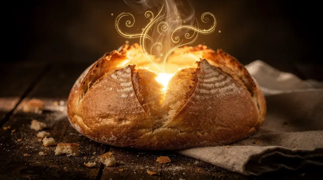 Un pan artesanal con un brillo dorado y espirales mágicas que emergen de su interior. Es como soñar con pan, una visión cálida y reconfortante.