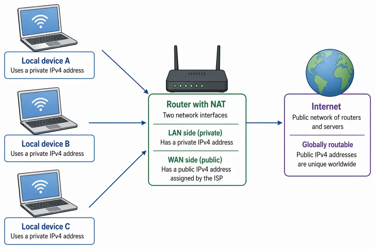 Schemat pokazuje, jak router z NAT łączy urządzenia lokalne (z prywatnymi adresami IPv4) z Internetem (z publicznymi adresami IPv4).