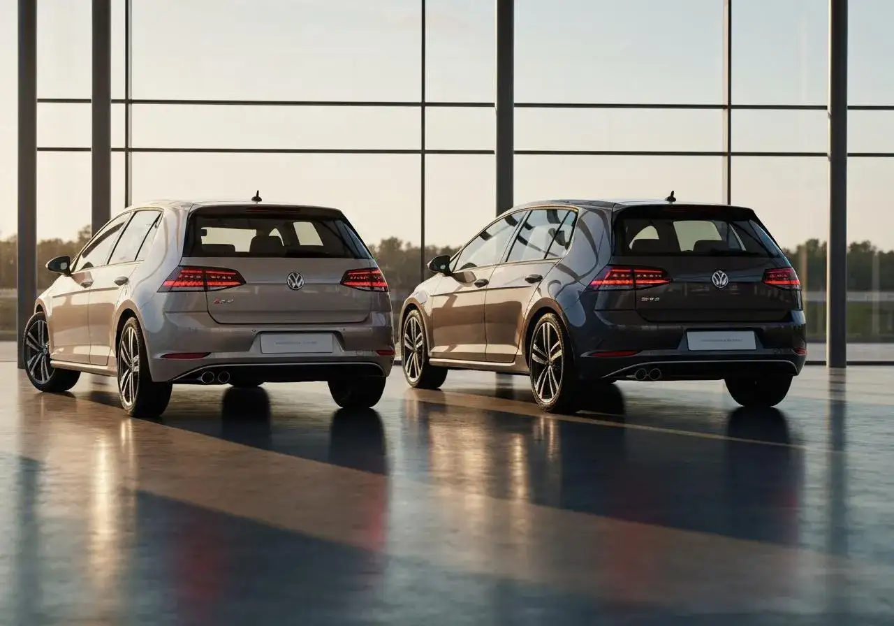 Deux Volkswagen Golf 7, une phase 1 beige et une phase 2 grise, vues de l'arri&egrave;re, dans un showroom lumineux.