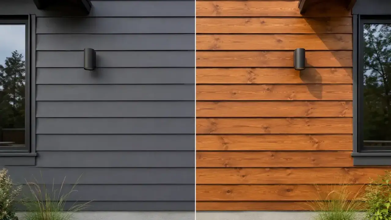 Comparaison visuelle : le bardage gris fonc&eacute; peint contraste avec le bois teint&eacute;, illustrant la diff&eacute;rence lasure et peinture.