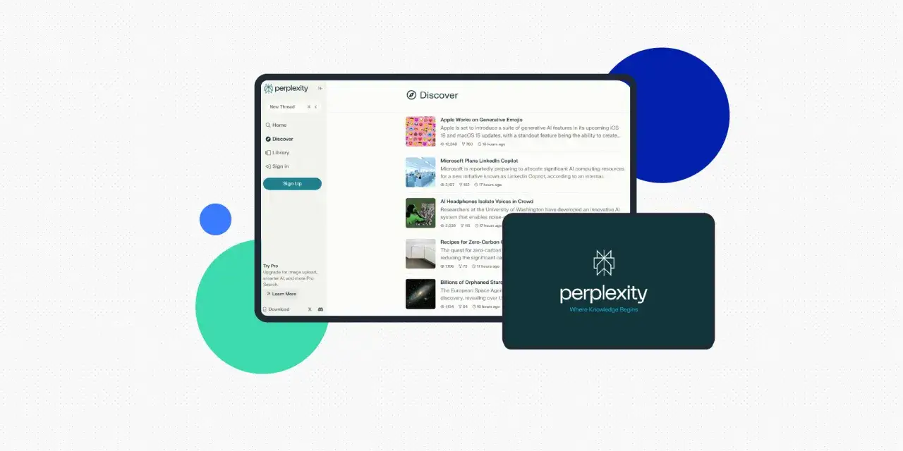 Perplexity to wyszukiwarka AI, która pomaga odkrywać nowe informacje. Na ekranie widzisz jej interfejs z artykułami o AI.