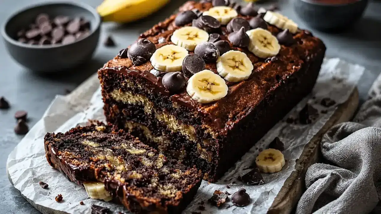 Saftiges bananenbrot mit schokolade, garniert mit Bananenscheiben und Schokostückchen. Ein Genuss für jeden Schokoladenliebhaber.