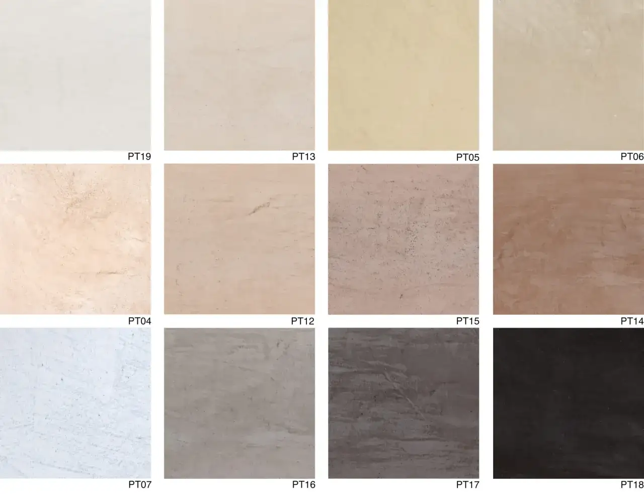 Campione di pastellone veneziano in diverse tonalità, dal bianco avorio al nero profondo, con texture che evocano la pietra naturale.