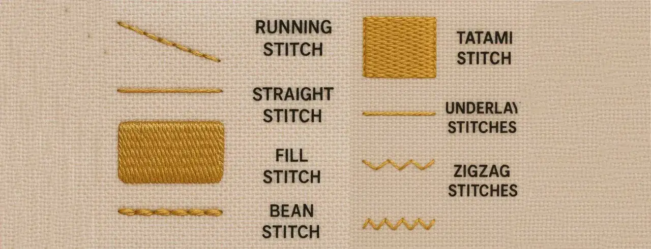 Esempi di diversi tipi di tessuto con punti da ricamo: running, straight, fill, bean, tatami, underlay e zigzag.