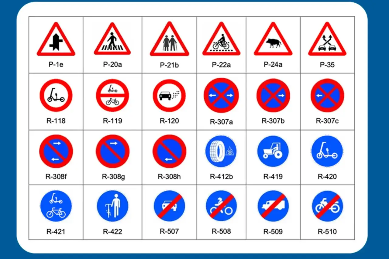 Tabla de se&ntilde;ales de tr&aacute;fico: advertencias (tri&aacute;ngulos), prohibiciones (c&iacute;rculos rojos) y obligatoriedad (c&iacute;rculos azules). Esencial para las normas de seguridad vial.