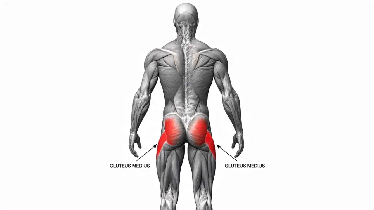 Muskelanatomi f&ouml;r rumpan, med gluteus medius markerad i r&ouml;tt.