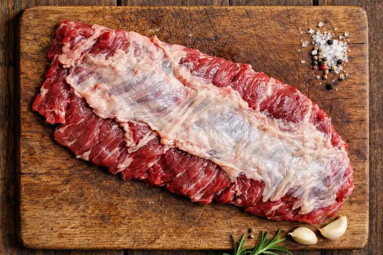 Una cruda y jugosa entra&ntilde;a de vaca lista para ser cocinada, con sal, pimienta y ajo en una tabla de madera.