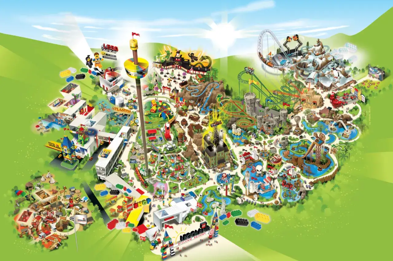 Mapa Legolandu Dania: zobacz wszystkie atrakcje, od zamków po wodne zjeżdżalnie i kolejki górskie. Idealne miejsce na rodzinne wakacje!