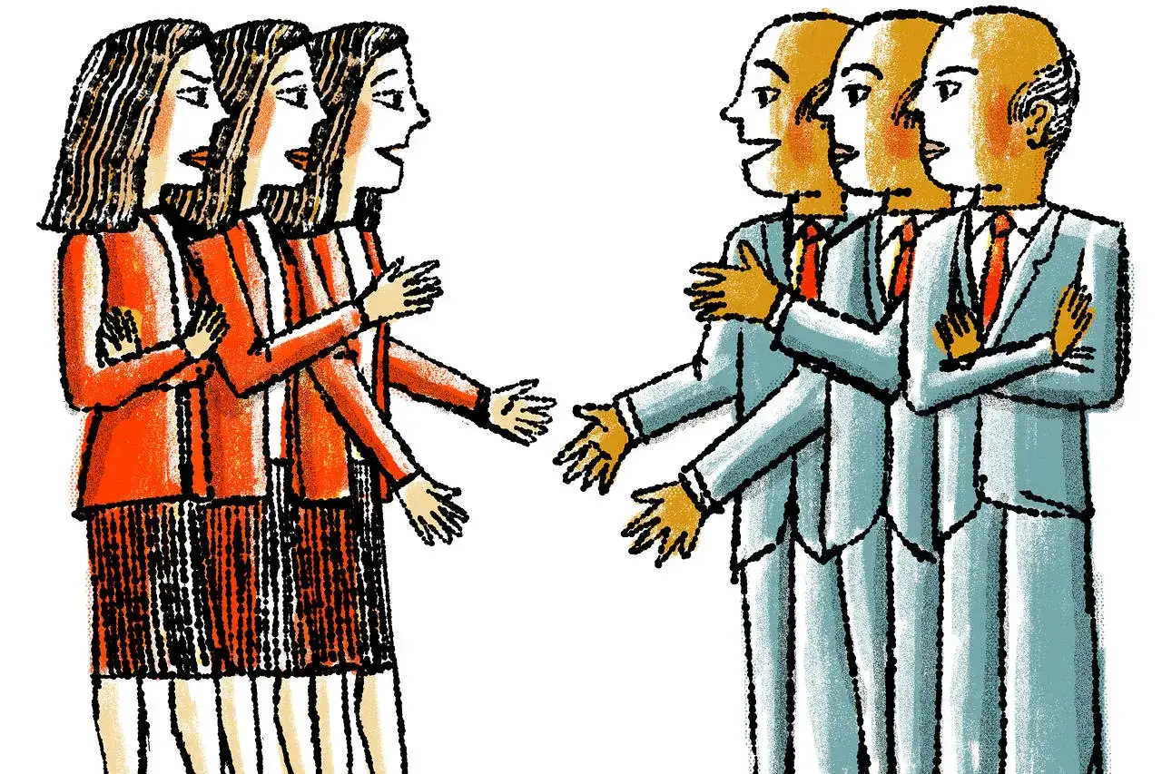 Gruppi di persone si fronteggiano, come specchi che riflettono le proprie azioni.