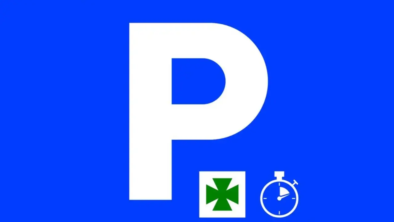 Se&ntilde;al de aparcamiento con s&iacute;mbolo de zona verde y cron&oacute;metro. Indica que se puede aparcar en zona verde con limitaci&oacute;n de tiempo.