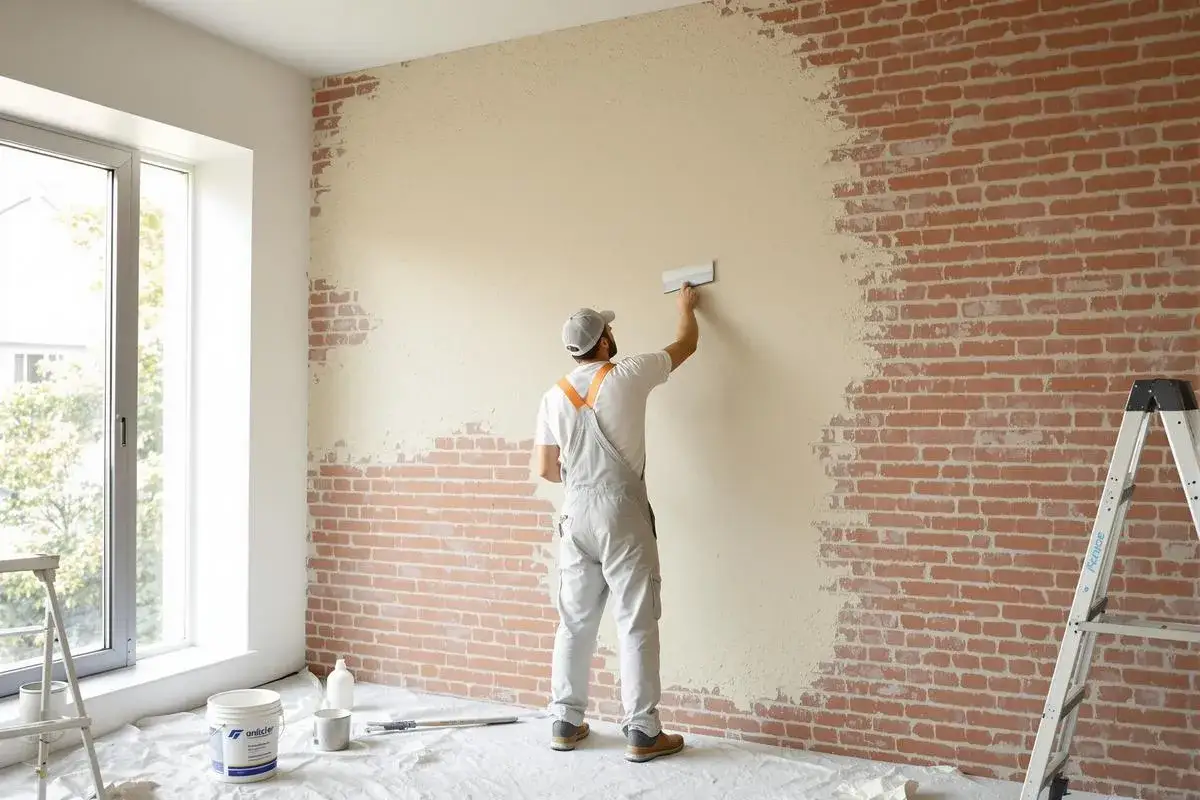 Un ouvrier applique de l'enduit sur un mur de briques apparentes, transformant l'espace.