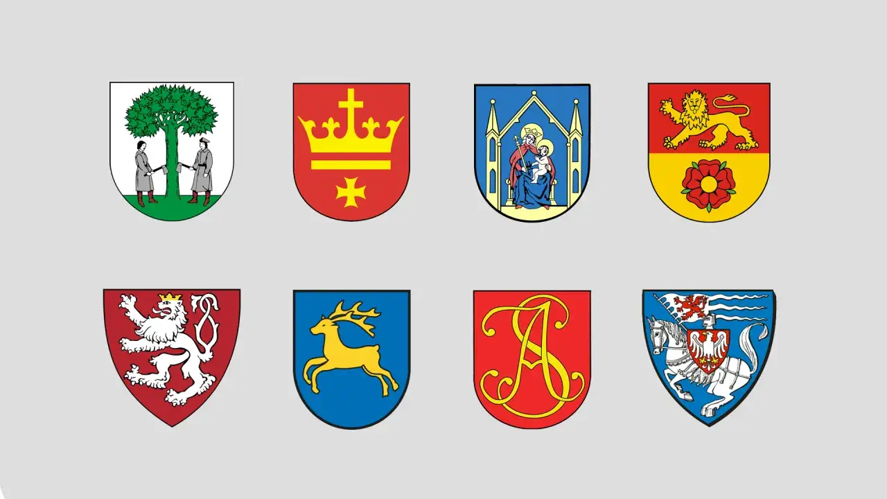 Osiem herbów: drzewo z drwalami, korona z krzyżem, Matka Boska z Dzieciątkiem, lew i róża, lew, jeleń, inicjał 