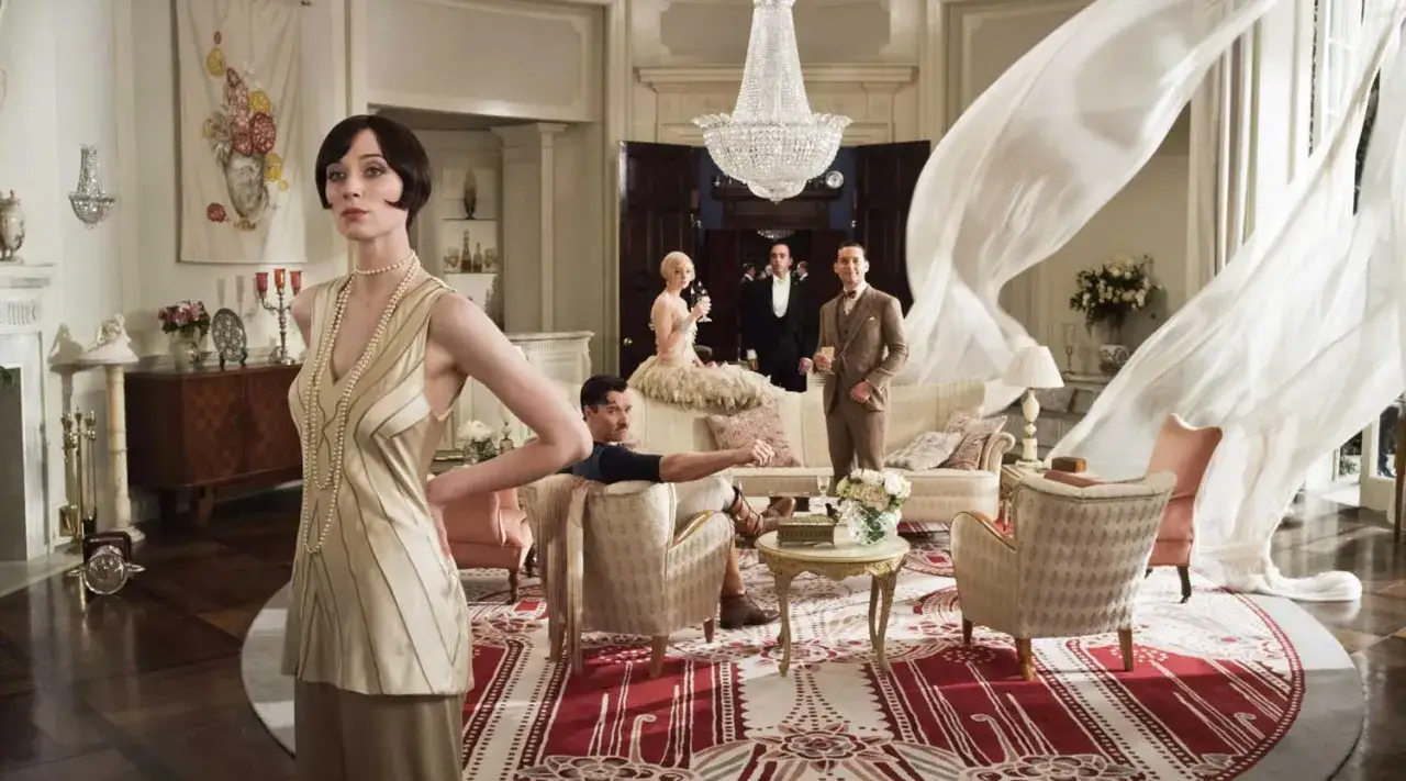 A lavish party scene with a woman in a beaded dress, embodying a Wes Anderson aesthetic with its symmetrical composition and vintage charm.