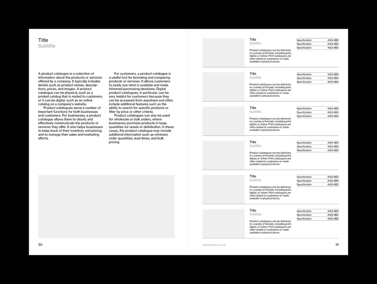 A page from a catalog design showcasing product information and specifications.