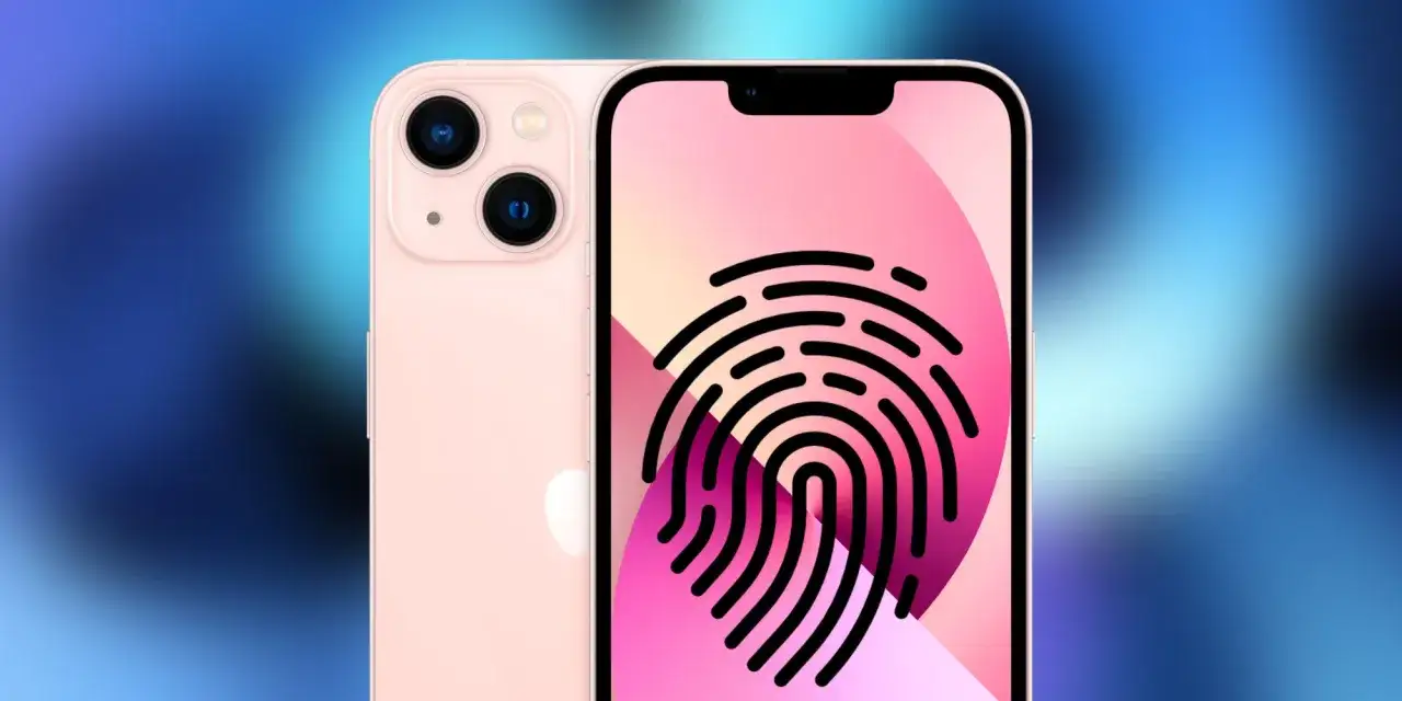 Un iPhone 13 rose avec un écran affichant une empreinte digitale stylisée, symbolisant la sécurité et le **touch ID**.