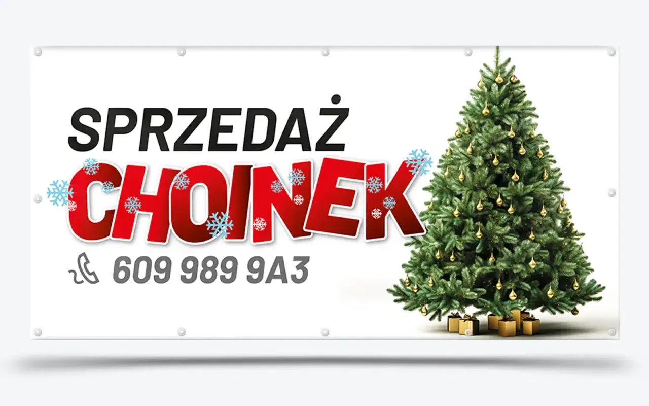 Sprzedaż choinek! Piękna, zielona choinka ozdobiona złotymi bombkami, otoczona prezentami. Idealna grafika świąteczna.