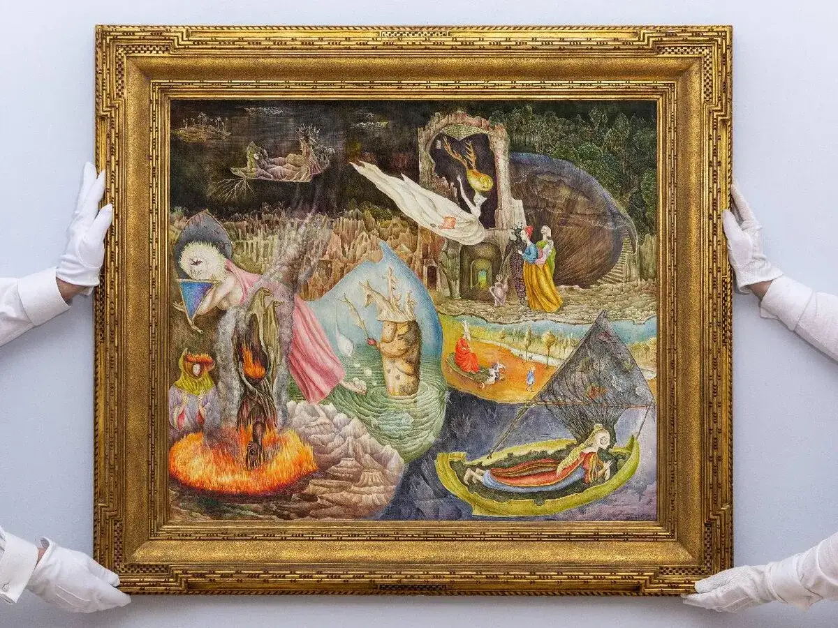 Obraz przedstawia surrealistyczny świat z płonącymi postaciami i łodziami. Dzieło, kt&oacute;re mogło stworzyć najdroższy malarz wsp&oacute;łczesny, budzi zachwyt.