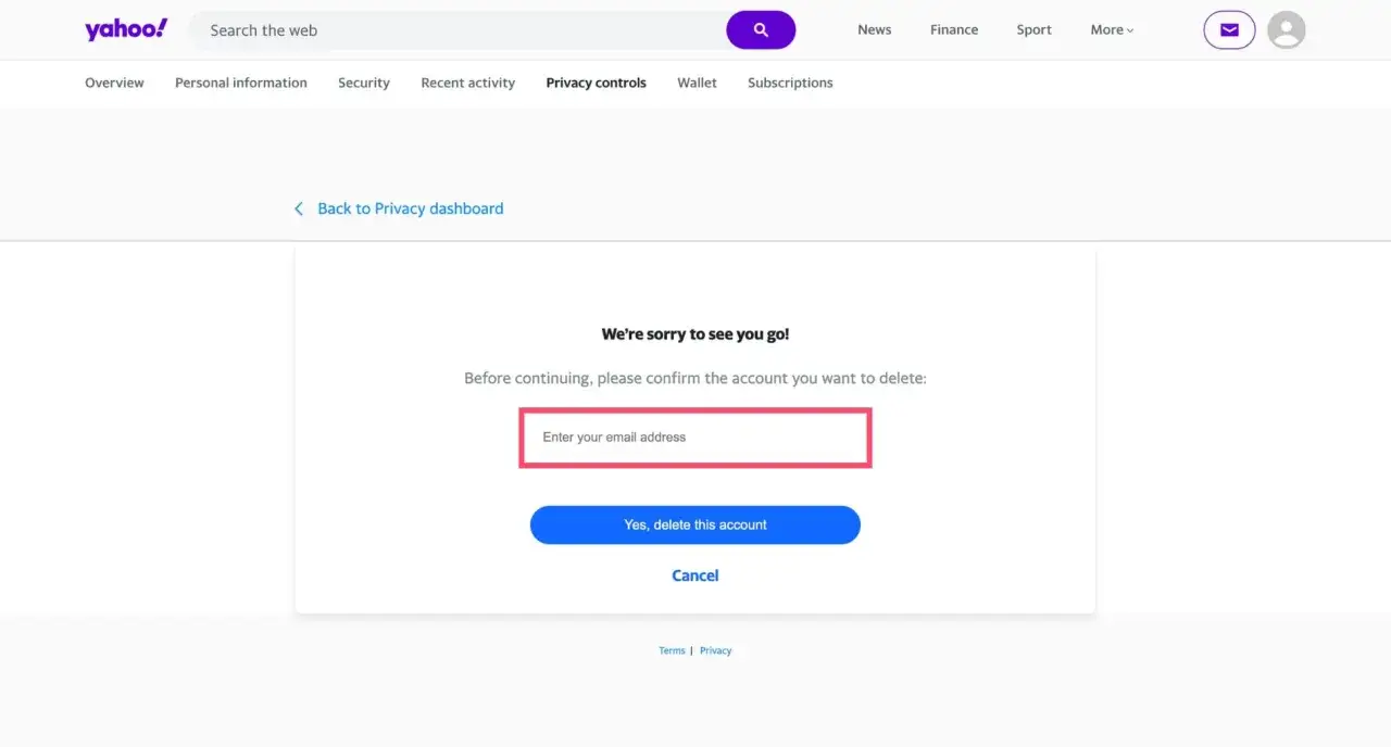 Page Yahoo! pour confirmer comment supprimer une adresse mail. Champ pour entrer l'adresse mail et bouton pour supprimer le compte.
