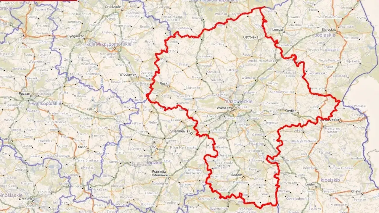 Mapa Polski z zaznaczonymi granicami województw, w tym województwo warszawskie.