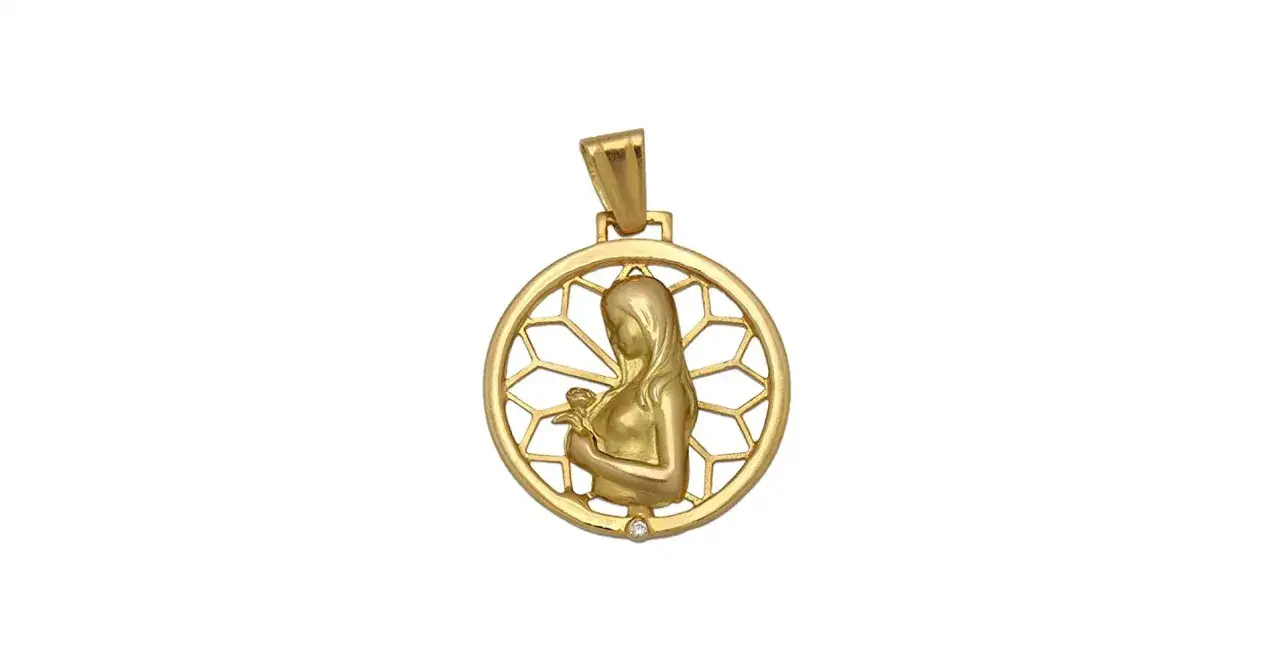 Medalla de la madre en oro, con figura femenina sosteniendo una rosa y un peque&ntilde;o diamante.