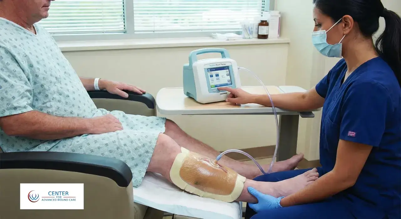 Pflegekraft stellt eine Vakuumpumpe für die Wundversorgung ein. Ein Patient sitzt mit einer verbundenen Wunde am Bein.