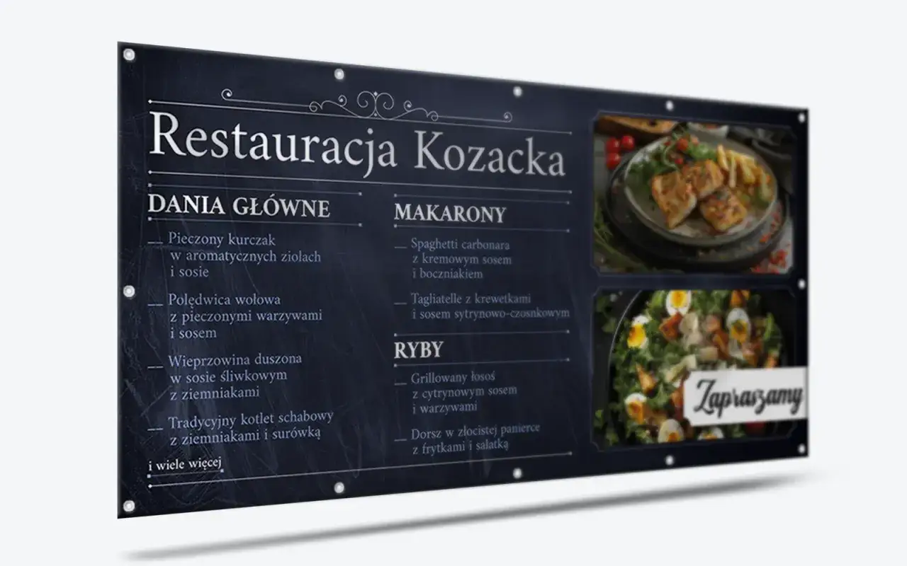 Reklama restauracji Kozacka z menu: dania główne, makarony, ryby. Zapraszamy na pyszne jedzenie!