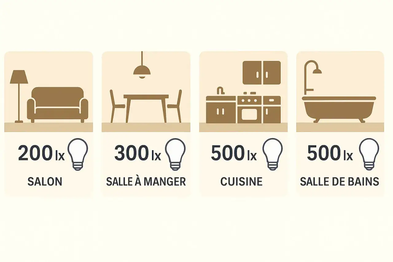 Recommandations de lumen par pi&egrave;ce : salon 200 lx, salle &agrave; manger 300 lx, cuisine et salle de bains 500 lx.