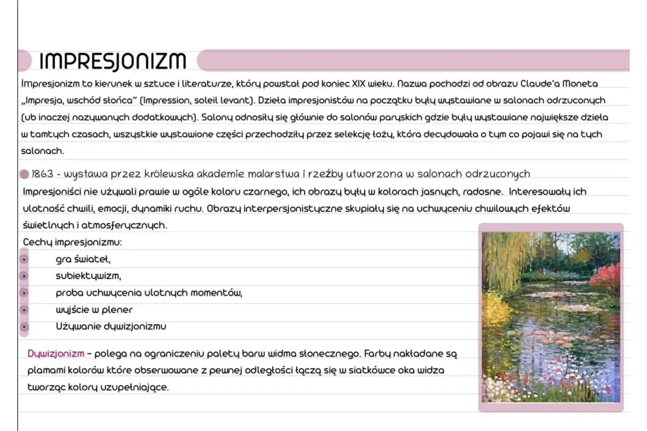 Impresjonizm w literaturze i sztuce, uchwycenie ulotnych momentów, gra świateł i kolorów. Obraz ogrodu z wodą i kwiatami.