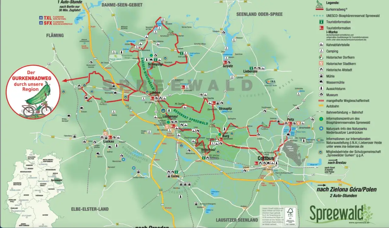 Mapa turystyczna prezentująca najpiękniejsze trasy rowerowe lubuskie, w tym Szlak Ogórka przez Spreewald.