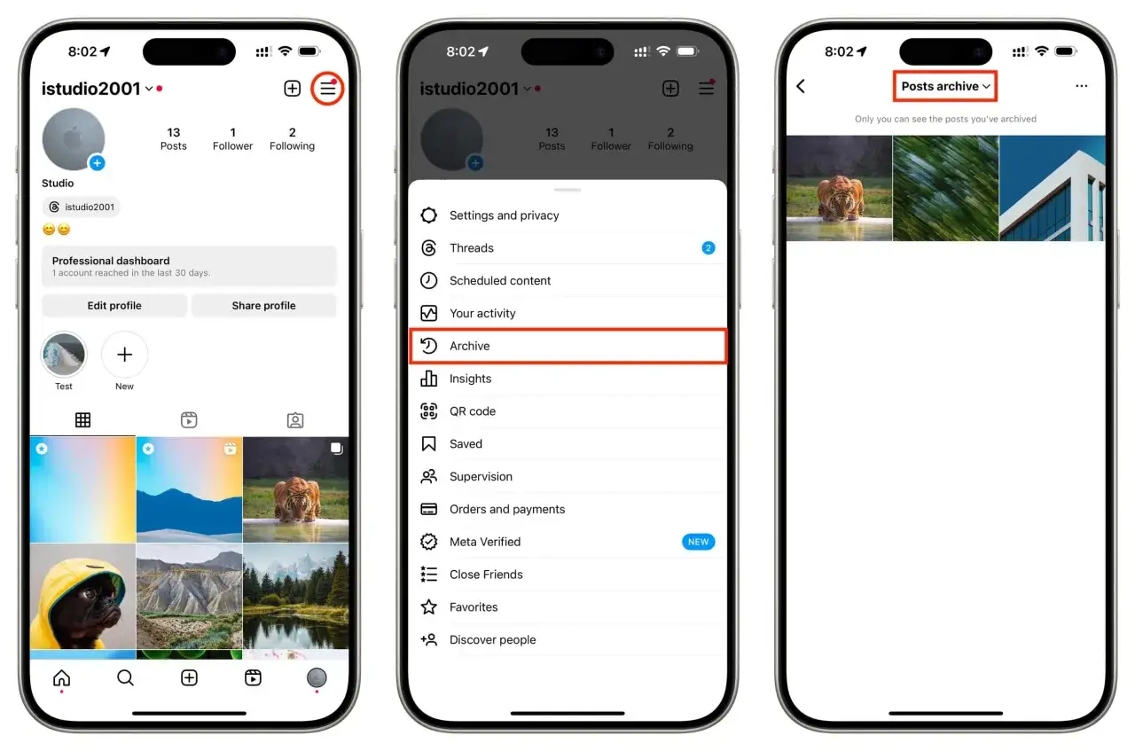 Jak znaleźć zarchiwizowane posty na Instagramie? Kliknij menu, a następnie 