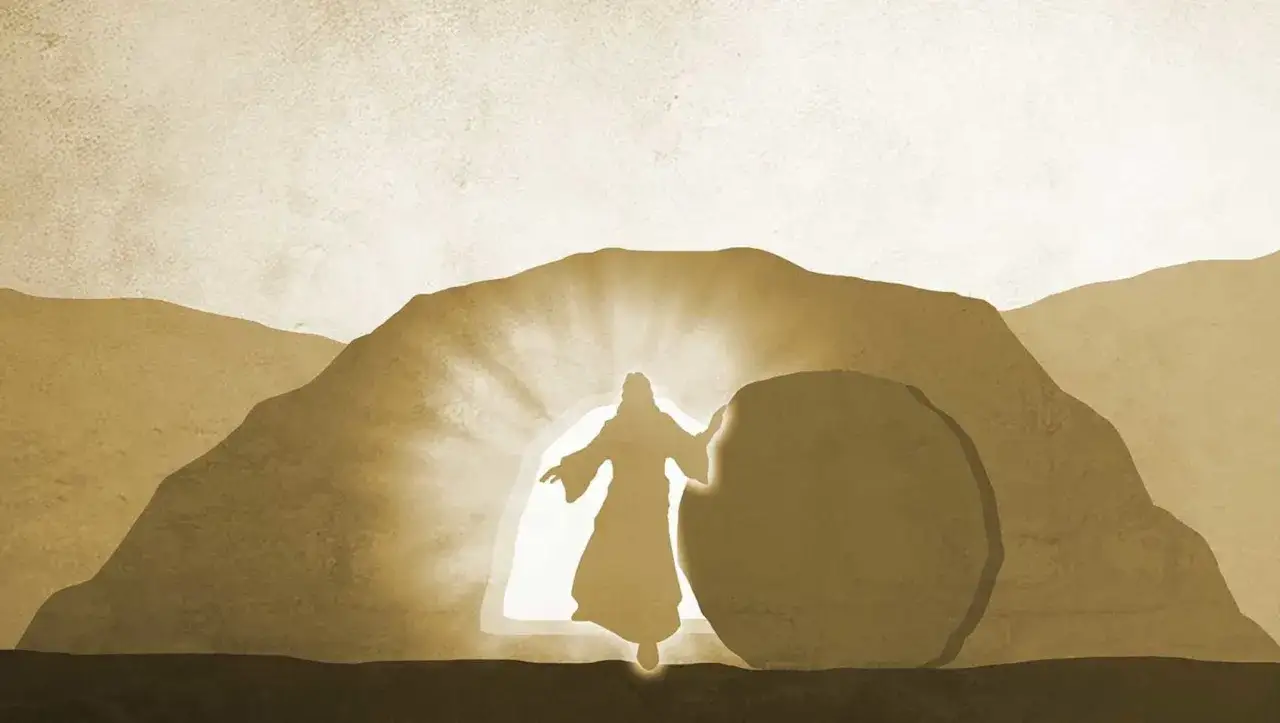 Silhouette einer Figur, die aus einem Grab hervortritt, umgeben von strahlendem Licht. Die Szene symbolisiert die Auferstehung Christi.