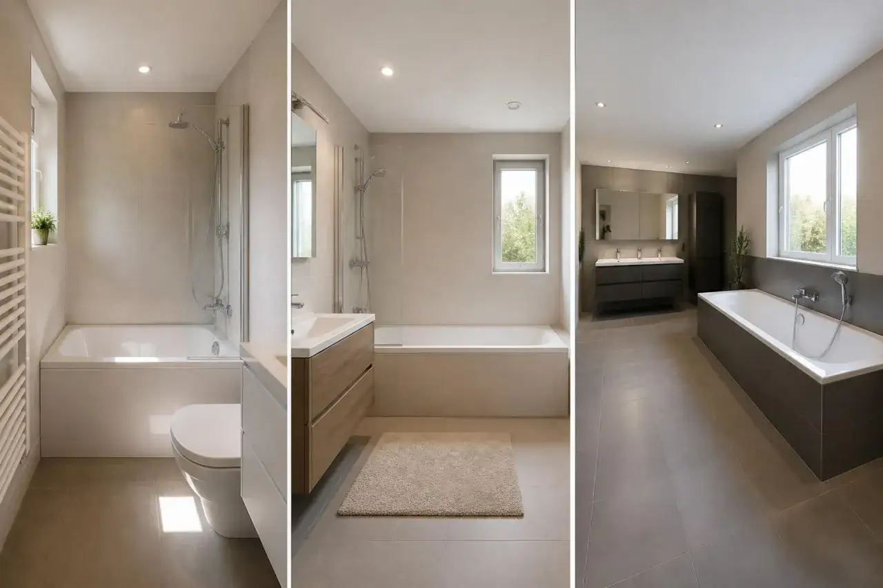 Trois salles de bain modernes. La premi&egrave;re montre une baignoire avec une paroi de douche, un WC et un radiateur. La deuxi&egrave;me, une baignoire avec un lavabo en bois. La troisi&egrave;me, une grande baignoire et un double lavabo. La largeur baignoire standard es...