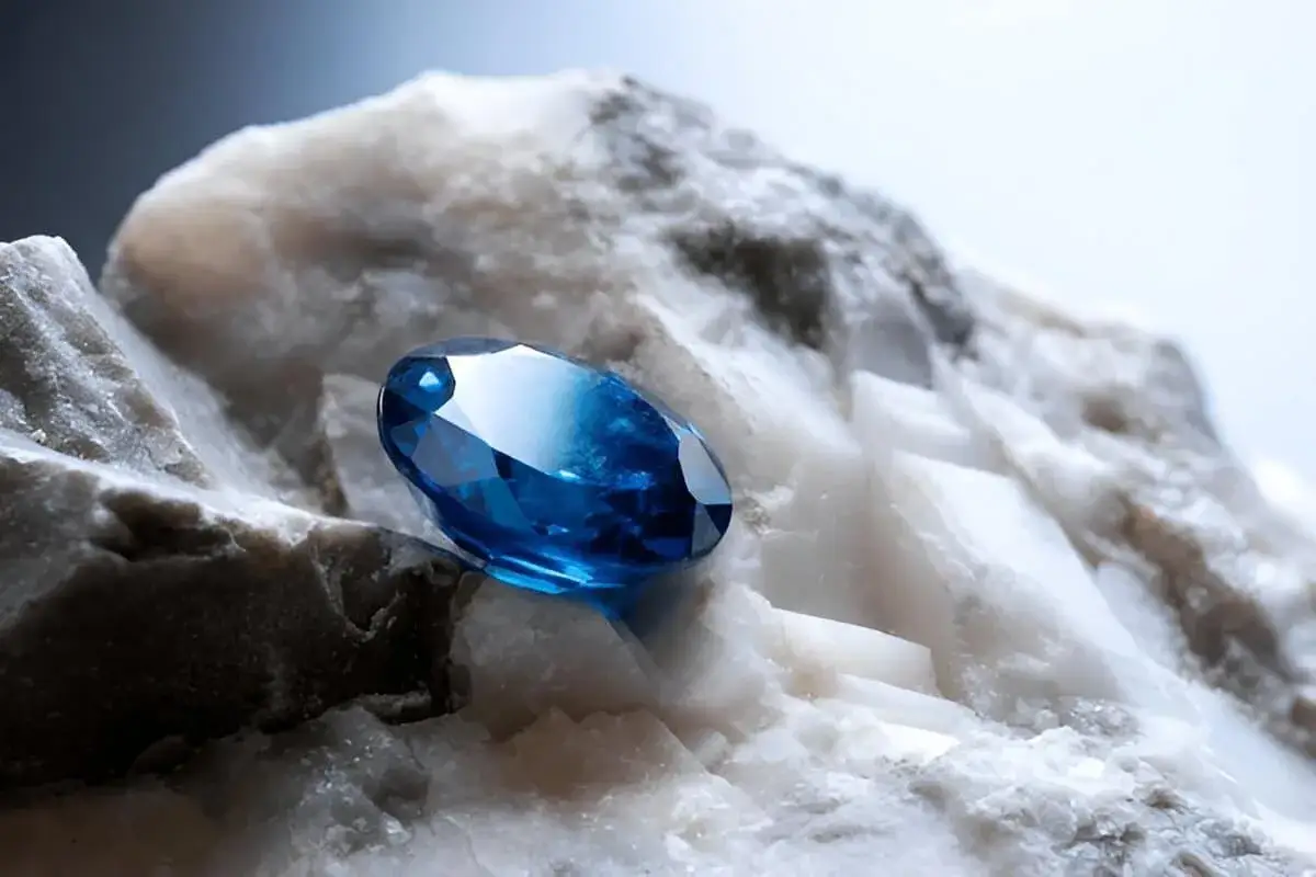 En ovalslipad blå safir vilar på en rå, vit mineralformation. Dess glans och djupa färg framhäver safir egenskaper som klarhet och skönhet.