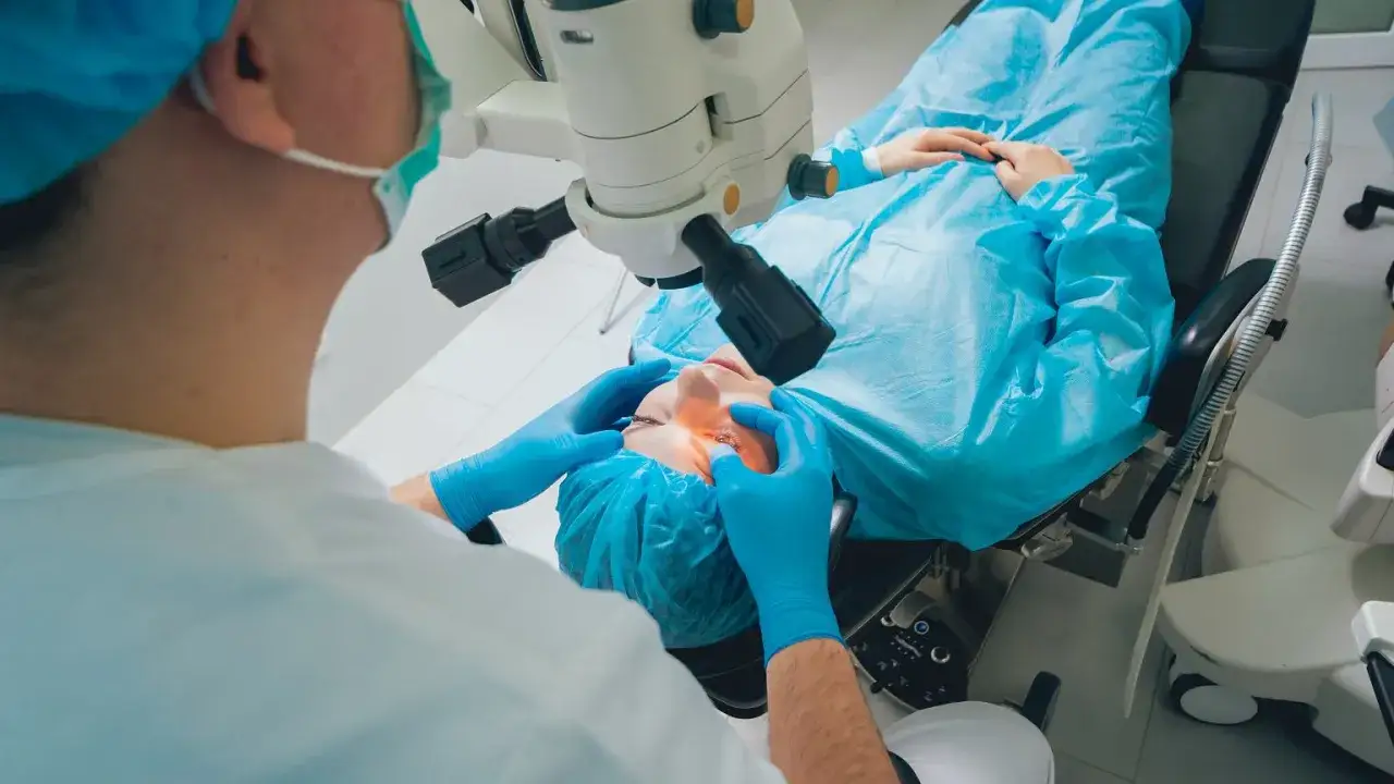 Chirurg przeprowadza operację zaćmy. Pacjent leży pod mikroskopem. Po zabiegu można otrzymać zwolnienie lekarskie L4.