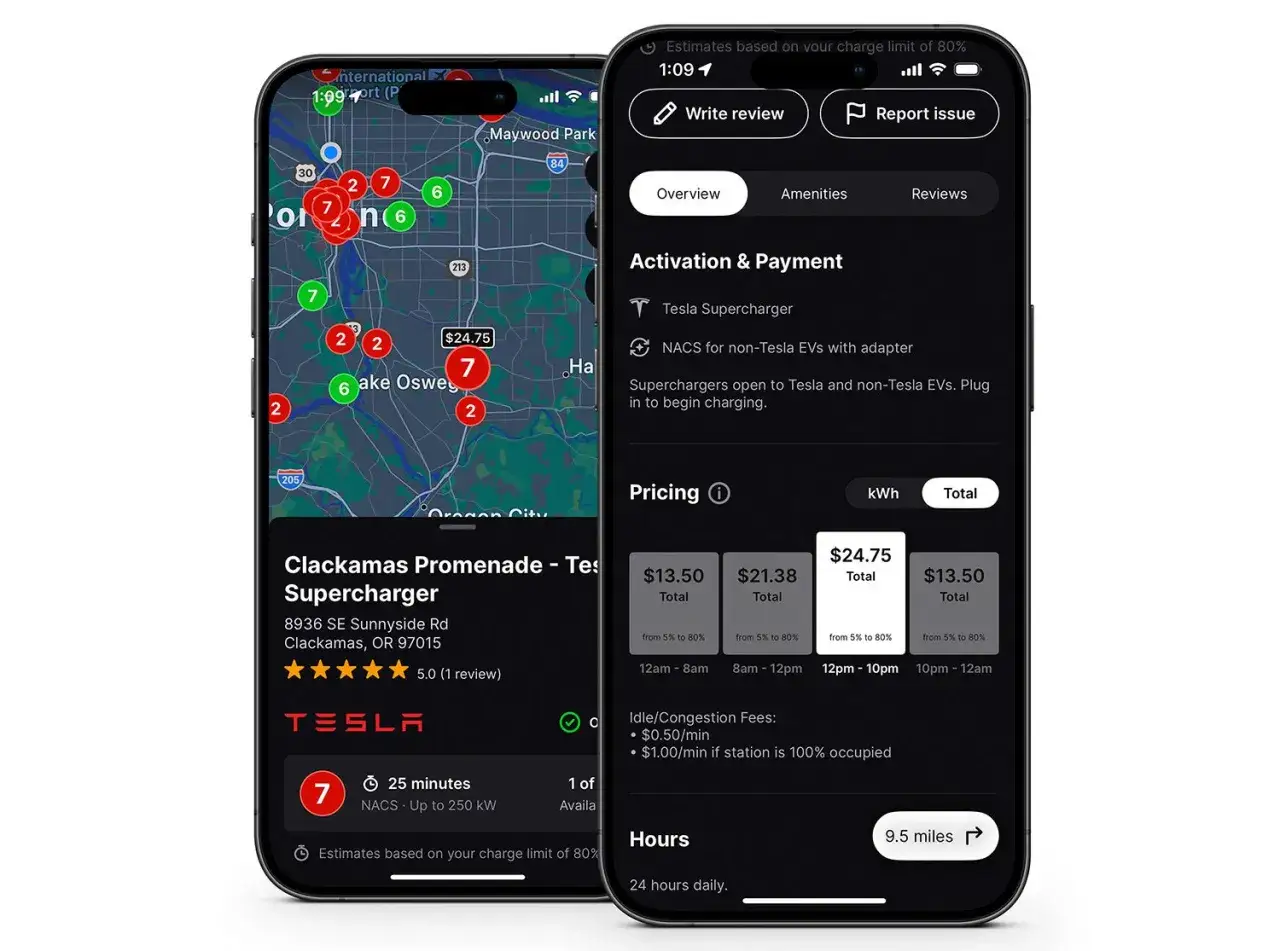 App colonnine elettriche: mappa e dettagli di una stazione Tesla Supercharger, con prezzi e disponibilit&agrave;.