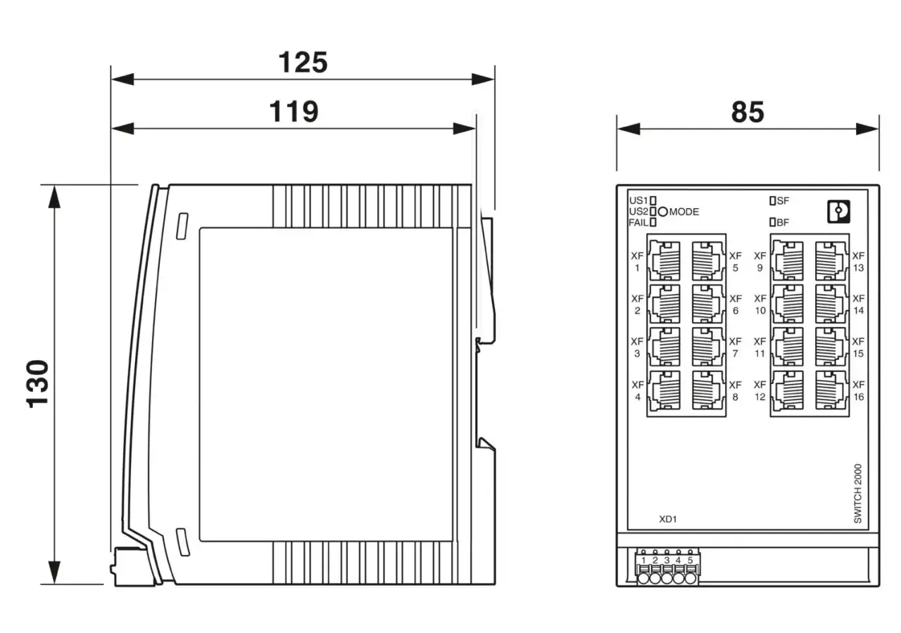 Technical drawing of a compact industrial network switch, featuring multiple RJ45 ports labeled XF 1-16 and status indicators.