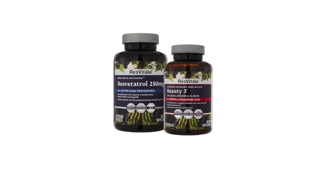 Tv&aring; burkar kosttillskott fr&aring;n ResVit&aacute;le: Resveratrol 250mg och Beauty 3 med kollagen. Perfekt f&ouml;r din resveratrol hudv&aring;rd inifr&aring;n.